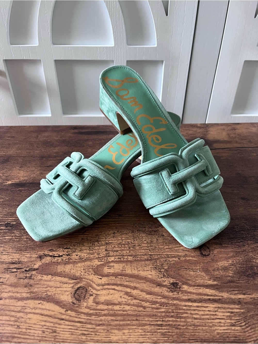 Sam Edelman 7.5 Waylon Garden Green Suede Block Heel Mules Slides Sandals - Picture 4 of 10